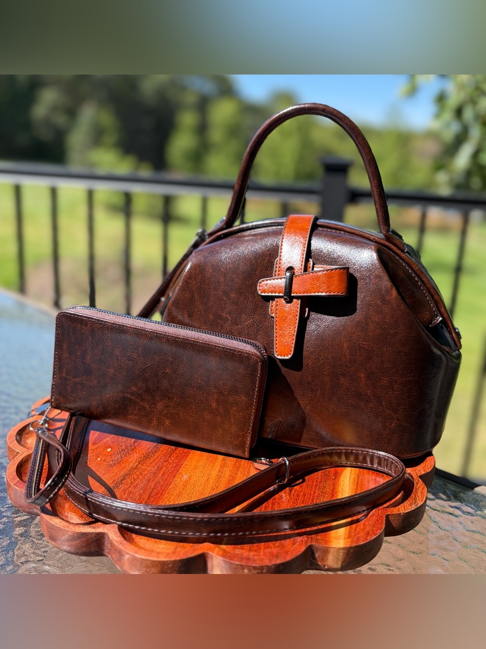 Doctor Bag Vintage-Style Brown Vegan Leather Top Handle Purse & Wallet Set - Picture 12 of 12